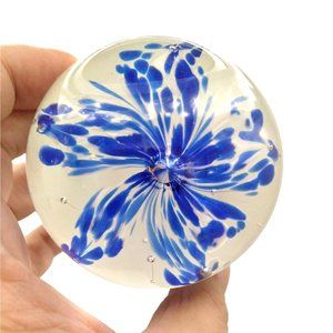 Vintage Art Glass Globe Paperweight Cobalt Blue & White Lily Flower